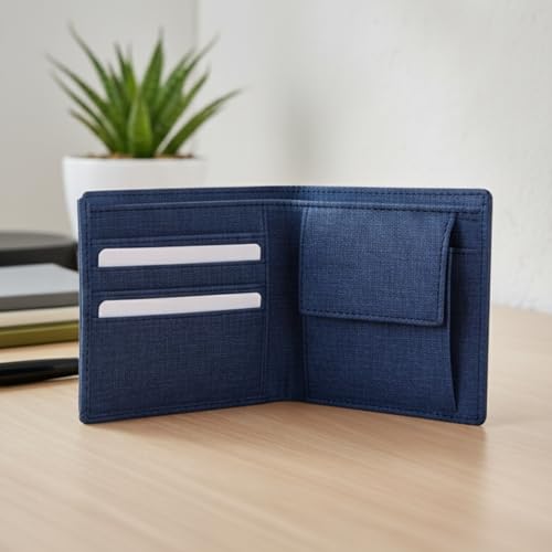 Image of PU Denim Men's Wallet | Premium Blue Bi-Fold with Multiple Card Slots and Coin Pocket