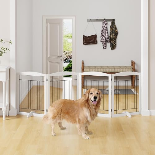 Yaheetech-32-inch-Tall-Dog-Gate-Extra-Wide-Pet-Gate-for-Dogs-Indoor-Foldable-Wire-Wooden-Puppy-Safety-Fence-w2-Support-FeetFreestanding-Dog-Gate-for-The-House-Doorway-StairsWhite4-Panels