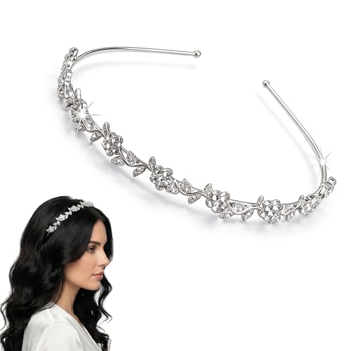 WiDream Diadema de Boda, Tiara de Flores para Novias con Perlas de Cristal de Estrás, D iademas de Novia con Estrás, D iadema de Flores de Cristal, Diadema de Diamantes de Imitación para Novia