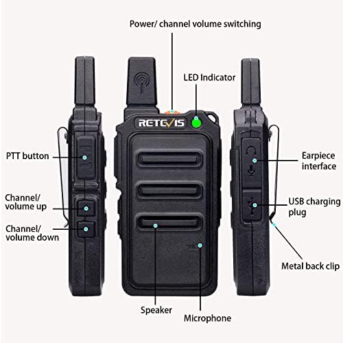 Retevis RT619 Walkie Talkie, PMR446 Rechargeable 2 Way Radio USB 1300mAh Battery, VOX License Free, Mini Hiking Walkie Talkies Professional for Family, Outdoor Bicycle (2Pcs, Black)