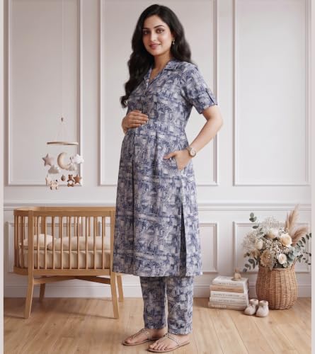 Image of DUMMY SHAPE Feeding Dresses for Women Full Set | Cotton Blend Maternity Kurta Pant Suit with Dual Nursing Zippers, Side Pocket to Pre & Post Pregnancy | Mom to Be Gifts