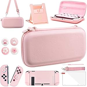 OLDZHU Rosa Reisezubehör Set Kompatibel mit Nintendo Switch,10 in 1 mit Rosa Tragetasche für die Switch,harter Schutzhülle,Glas-Displayschutzfolie,verstellbarer Ständer und Daumengriffkappen