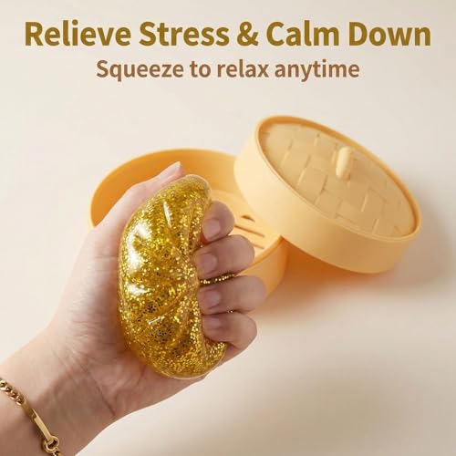 Image of 2 Pcs Dumpling Squishy, 6CM Squishy Ball with Soft Texture and Fun Shapes, Sensory Fidget for Play and Collection, Party Favors, Steamed Buns and Steamer, Golden and Green Pectin Style
