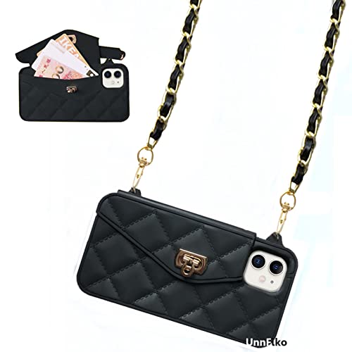 UnnFiko Wallet Case Compatible with iPhone 13 Cute Light Luxury Bag Design Purse Flip Card Pouch Cover Soft Silicone Case with Handstrap Long Shoulder Strap (Black iPhone 13)
