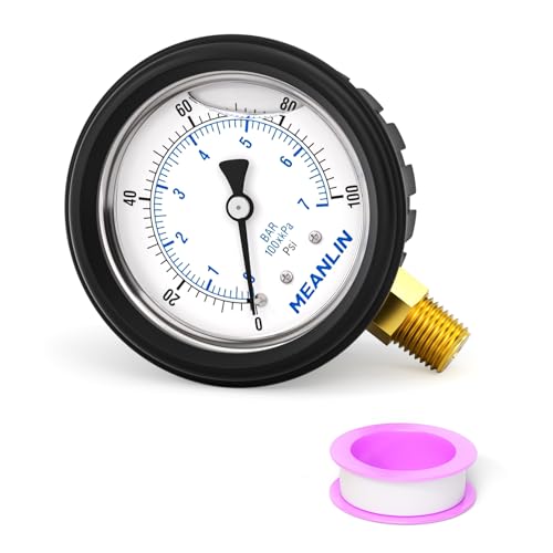 Image of MEANLIN MEASURE 0~100Psi Stainless Steel Liquid Filled Pressure Gauge 1 /4 inch NPT 2.5 inch FACE DIAL with Rubber Protective Sleeve, Lower Mount