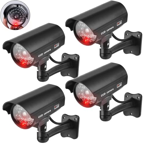 GOMETY 4 cámaras de vigilancia para exteriores, falsas cámaras con LED parpadeantes rojos, cámara de vigilancia falsa para exteriores CCTV, cámara de seguridad para interiores y exteriores (negro) (4)