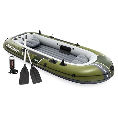 INTEX 66333EP Seahawk 3 Inflatable Boat Set: Includes Deluxe 54in Aluminum Oars and High-Output Pump – SuperStrong PVC – Fishing Rod Holders – 3-Person – 790lb Weight Capacity