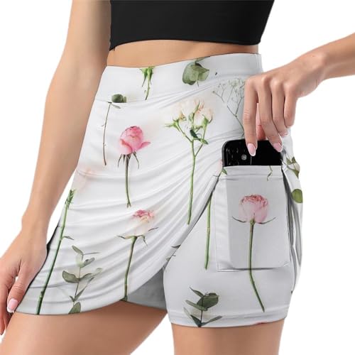 Jupe de tennis femme avec short et poche intégrée sport athlétique Feuille De Fleur