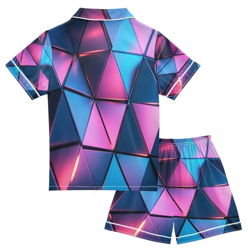Satin Pajama Sets Short Sleeve Triangular Architectural Button Down Silky Nightwear 2 Piece PJS 5-14Y2