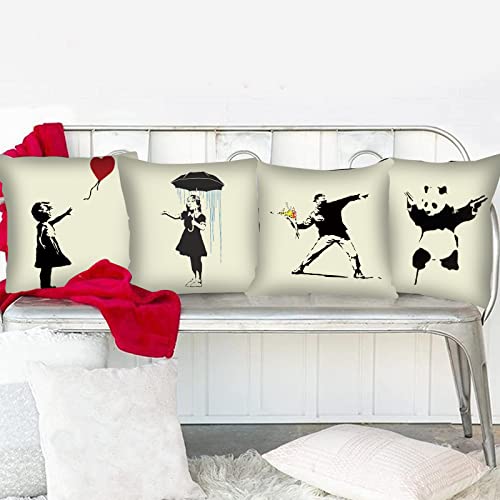 Tucocoo Banksy Art Cushion Covers Decorative 18 x 18 Inch (46 x 46 cm) Set of 4 Black and White Graffiti Street Pop Cushion Cover Outdoor Decorations Throw Pillows for Couch Sofa Bed Car Home Decor - Image 4