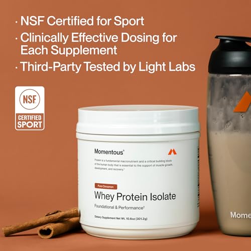 Image of Momentous Essential Grass-Fed Whey Protein Powder - 20 g Whey Isolate Protein - NSF Certified for Sport - Gluten-Free - 12 Servings for Essential Everyday Use - Pure Cinnamon - Package May Vary
