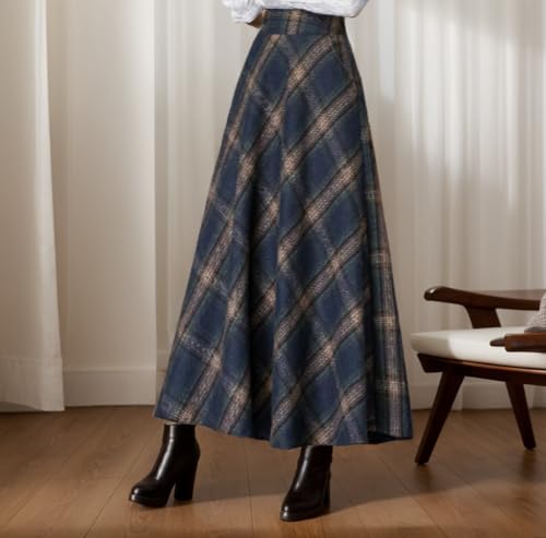 Women’s Vintage Wool Striped Plaid Elastic High Waist Maxi Skirts with Pockets Casual Ruched Tartan Flowy Long Skirts2