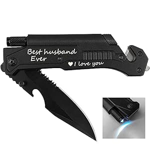 Engraved Pocket Knife, Best Husband Ever, Pocket Knife for Men with 6 Functions, LED Light, Fire Starter, Bottle Opener…