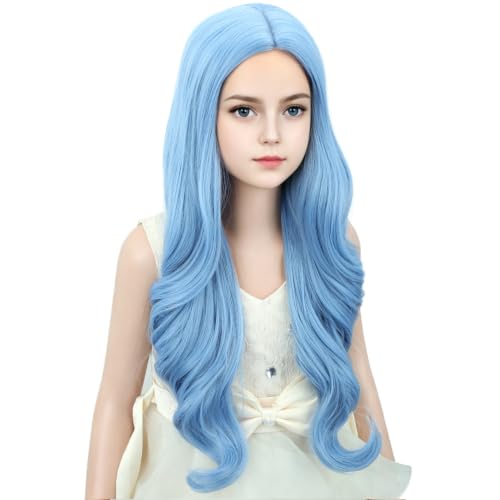 DUDUWIG Child Lake Blue Wig Kids Long Middle Part Wig Girls Blue Wavy Curly Wigs Heat Resistant Synthetic Wigs with Wig Cap