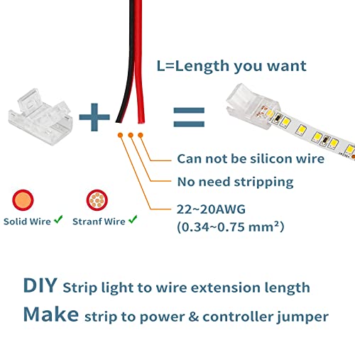 Bzone 2 Pin Led Strip Connectors 10 Pack With 16.4Ft Extension Cable For 10 Mm Wide Waterproof And Non-Waterproof Single-Color Led Strip Lights, Strip To Wire Quick Connection #TOP7