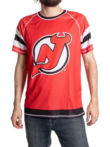 NHL Mens Performance Quick Dry Moisture Wicking Rash Guard Short Sleeve Shirt (New Jersey Devils X-Large)