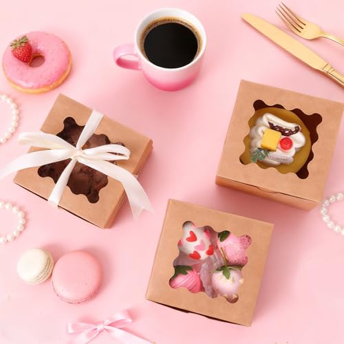 Moretoes 50pcs Cookie Boxes with Window, 4x4x2.5 Inches Brown Bakery Boxes Pastry Container for Small Cookies, Treats and Desserts - Thumbnail 5