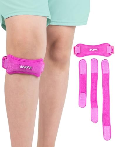 KARM Kids Knee Brace Strap - Osgood Schlatter Knee Brace Youth for Kids, Child - Patellar Tendon Support Patella Band for Pain, Sports, Basketball with 3 Length Adjustable Straps (Single, Pink)