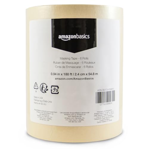 Image of Amazon Basics Masking Tape for Light Duty Applications, Labeling, Easy Removal, Tears by Hand, 0.94 inch x 180', Beige, 6 Rolls (Pack of 8)