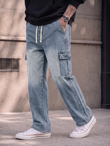 Image of JMIERR Men's Stretch Cargo Jeans Loose Straight | Over 60% Cotton Blend, Stretch Denim, Drawstring Waist, 5-Pocket Design, Loose Straight Fit, Casual Workwear Jeans
