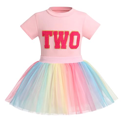 Image of ODASDO Kids Girls 2d 3rd 4th 5th 6th Birthday Party Outfit Short Sleeve T-shirt Tops Rainbow Tutu Skirt 2pcs Set