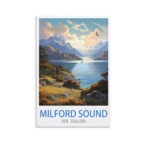 UnNiQ Milford Sound Neuseeland Vintage-Reise-Poster Sonnenaufgang, 20 x 30 cm, Leinwandbild, Wanddekoration, Bilder, Drucke für Wohnzimmer Schlafzimmer