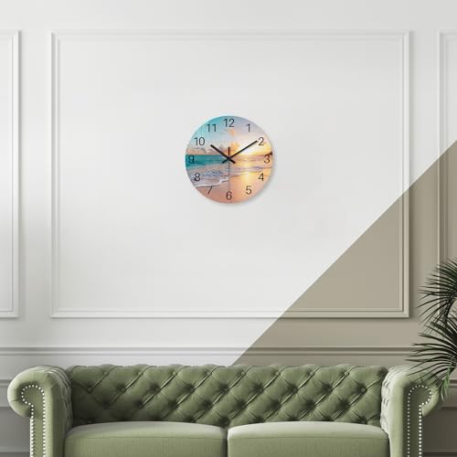 Constantplanet Beach Coastal Wall Clocks Battery Operated Analog Round Wall Clock for Living Room Decor 14 Inch Blue Glass Silent Wall Clock - Image 2