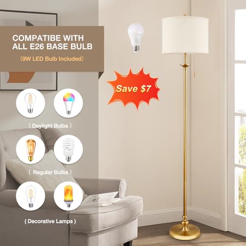 60" Gold Floor Lamp, Standing Lamp for Living Room, Bedroom, Office & Dining Room - Tall Corner Floor Lamps with Pull Chain Switch, Soft Lighting Farmhouse Design - Modern Floor Lamp (Bulb Included) by Luvkczc - Used condition - Image 4