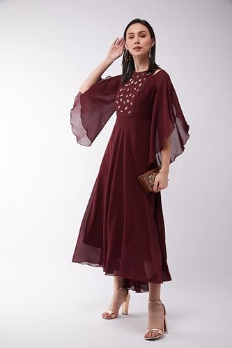 Image of Miss Chase Women's Round Neck Sleeve Embellished Fit Flare Maxi Dress
