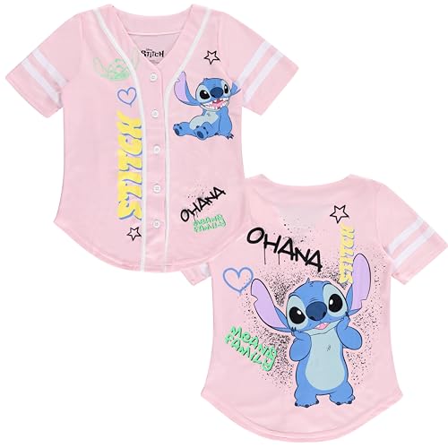 Image of Disney Lilo & Stitch Girls Baseball Jersey Shirt Button Down Kids Tee Stitch Angel Sizes 4-16