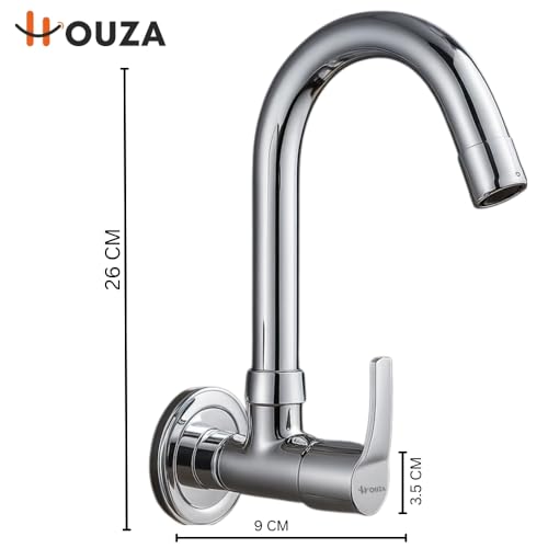 Image of HOUZA Brass Kitchen Sink Tap Faucet | Kitchen Tap with 360 Degree Flexible Swivel High Arc Spout | Water Saving Aerated Flow Kitchen Faucet for Sink (Chrome Finish, Silver)