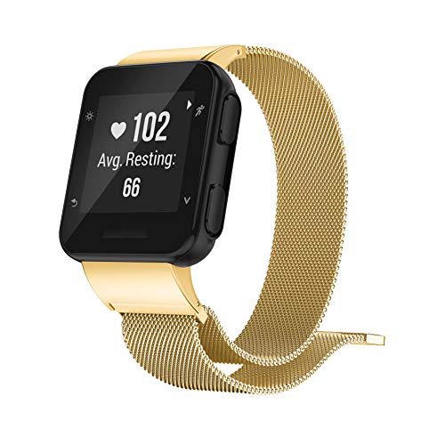 GELISHI Compatible with Garmin Forerunner 30 & 35 Watch Bands, Fashion Stainless Steel Bracelet Replacement Wristbands,Breathable Weave Metal Strap for Daily Wear - Gold (No Tracker)