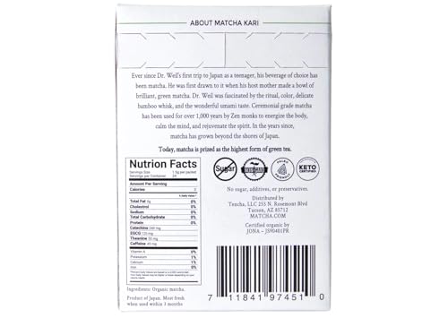 Matcha Green Tea Powder Single Serving Sticks, Dr. Weil's Ceremonial Organic Matcha Powder Singles Packets - Individual Matcha Tea Packets (12)