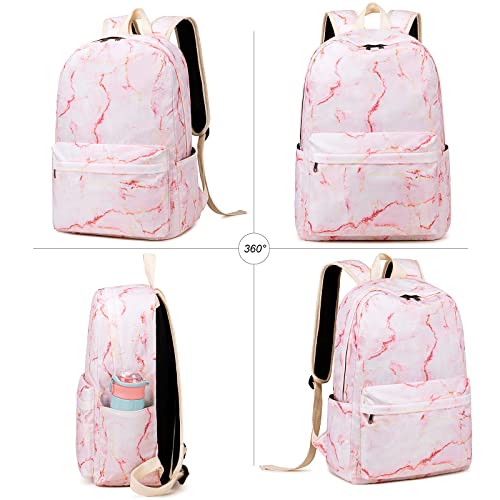 Image of School Backpack Teen Lightweight College School Laptop Casual Backpack (Pink Marble 15)