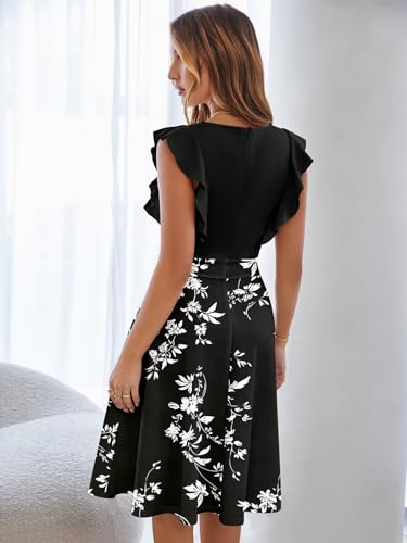 Image of YATHON Women's Vintage Ruffle Sleeve Floral A Line Cocktail Party Dresses