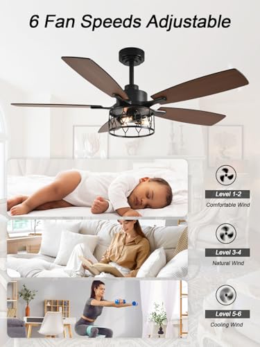 Image of Farmhouse Ceiling Fan with Lights (Black Caged, 52 Inch) | Caged Fandelier Ceiling Fan Large Chandelier, Reversible Quiet DC Motor 6 Speeds for Living Room Bedroom