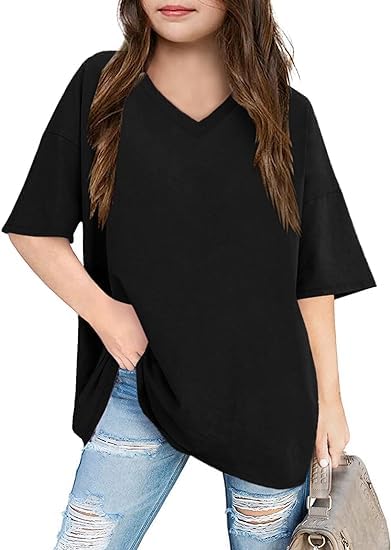HaloumoningGirls' Oversized T Shirts Half Sleeve V Neck Tees Comfy Cozy Tunic Tops