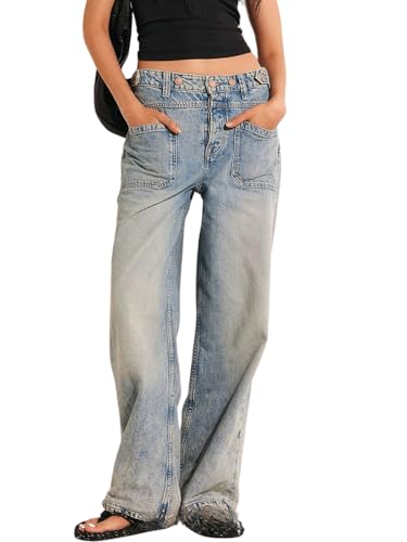 CHARTOU Women's Vintage Mid Rise Jeans Button Loose Denim Pants Straight Wide Leg Long Pants with Pockets