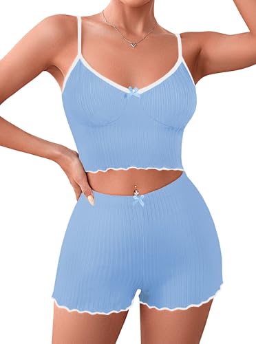 Image of Hilinker Womens Graphic Print Ribbed PJ Set Crop Cami Tops and Shorts Cute Pajamas Set