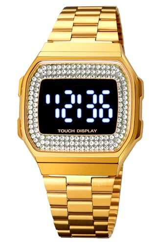 Women Square Digital Watches Luxury Stainless Steel Band LED Electronic Watch Fashion Ladies Sport Wrist Watches (Diamond gold)