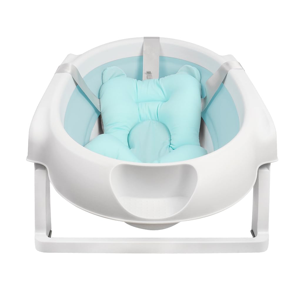 Bañera para bebé con soporte de 84,5 cm, bañera de bebe sobre pie, segura y cómoda, cuenca plegable para bebe con termómetro y cojín de baño (63 x 60 x 84,5 cm, verde)