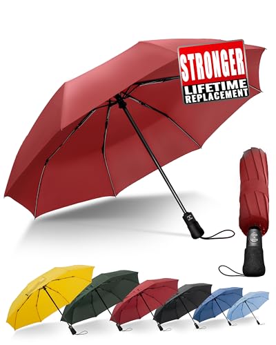 Chakipee Paraguas Plegable Antiviento Hombres - Paraguas Rojo Resistente al Viento, Paraguas Automático Portátil Compacto de Viaje, Revestimiento de Tela 210T