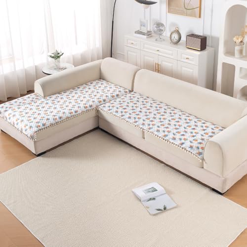 Image of HOKIPO Abstract Petals L Shape (3+3 Seater) Sofa Seat Mat with Tassel| Quilted Sofa Cover Mat, 'Tassel Twigs' Series (IN-986-T10*2)