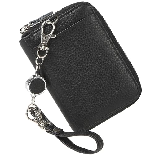 Minimalist Zipper Leather Wallets Credit Card Holder Card Cases with ID Window and Retractable Keychain for Men Women Black