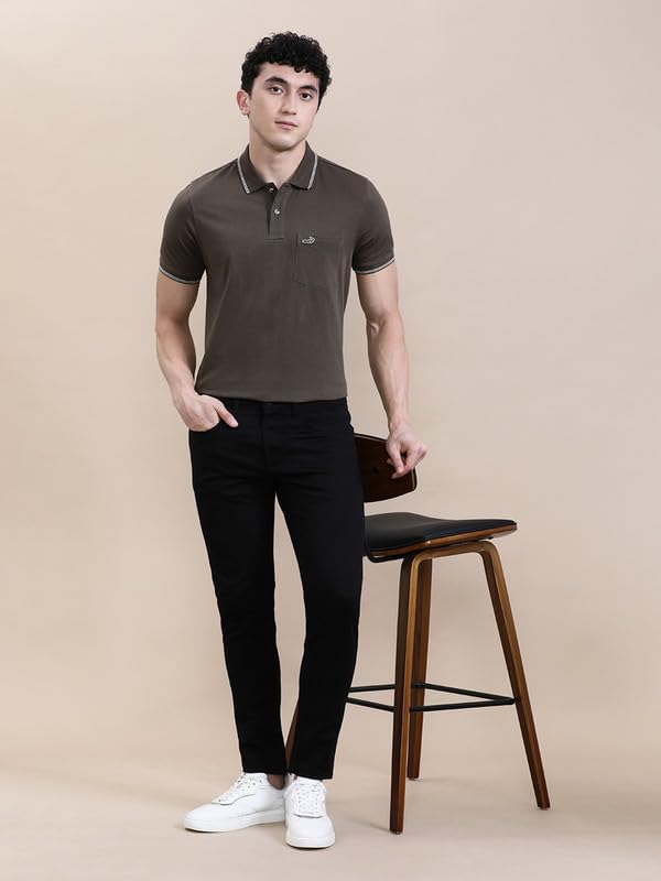 Image of CROCODILE Men Solid Slim Fit Polo T-Shirt | Regular Length | Short Sleeve | Button Placket | Casual Knitted Topwear