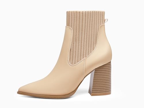 Image of Coutgo Women Ankle Boots Sock Booties Pointed Toe Chunky Stacked High Heel Knit Chelsea Winter Dress Booties