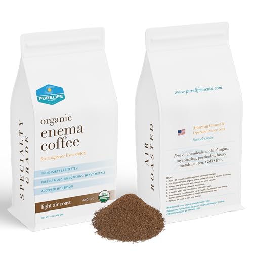 Purelife Enema Coffee- Certified Organic - Light 'Air' Roast - Ground - Specialty Grade -Third Party Lab Tested - Mycotoxin Free - Accepted By Gerson Since 2012