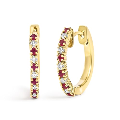 10K Yellow Gold Alternating Diamond and Red Ruby Huggy Hoop Earrings (I-J Color, I1-I2 Clarity)