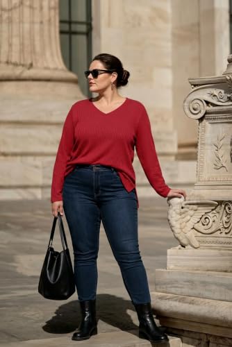 Image of RITERA Plus Size Women Sweaters Waffle Knit Pullover Top Long Sleeve Casual Crewneck Shirt Loose Split Hem Fall Winter Blouse