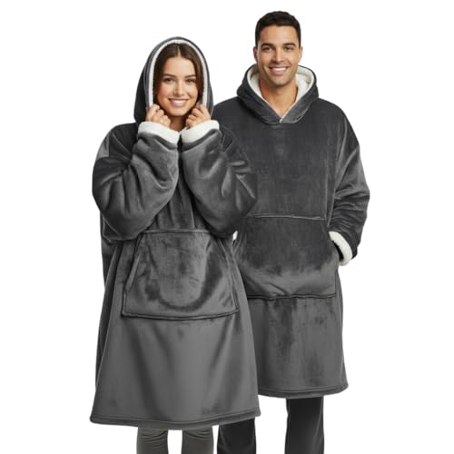 PZL CONCEPT Plaid Pull Sweat à Manche Extra Large, Capuche et Poche – Taille Unique 118 x 85 cm -Homme et Femme – Intérieur Blanc Sherpa (Gris)